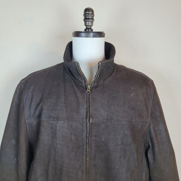 VTG Structure Jacket Mens XL Brown Leather Zip Classic Minimalist 90s Patina - Picture 2 of 12